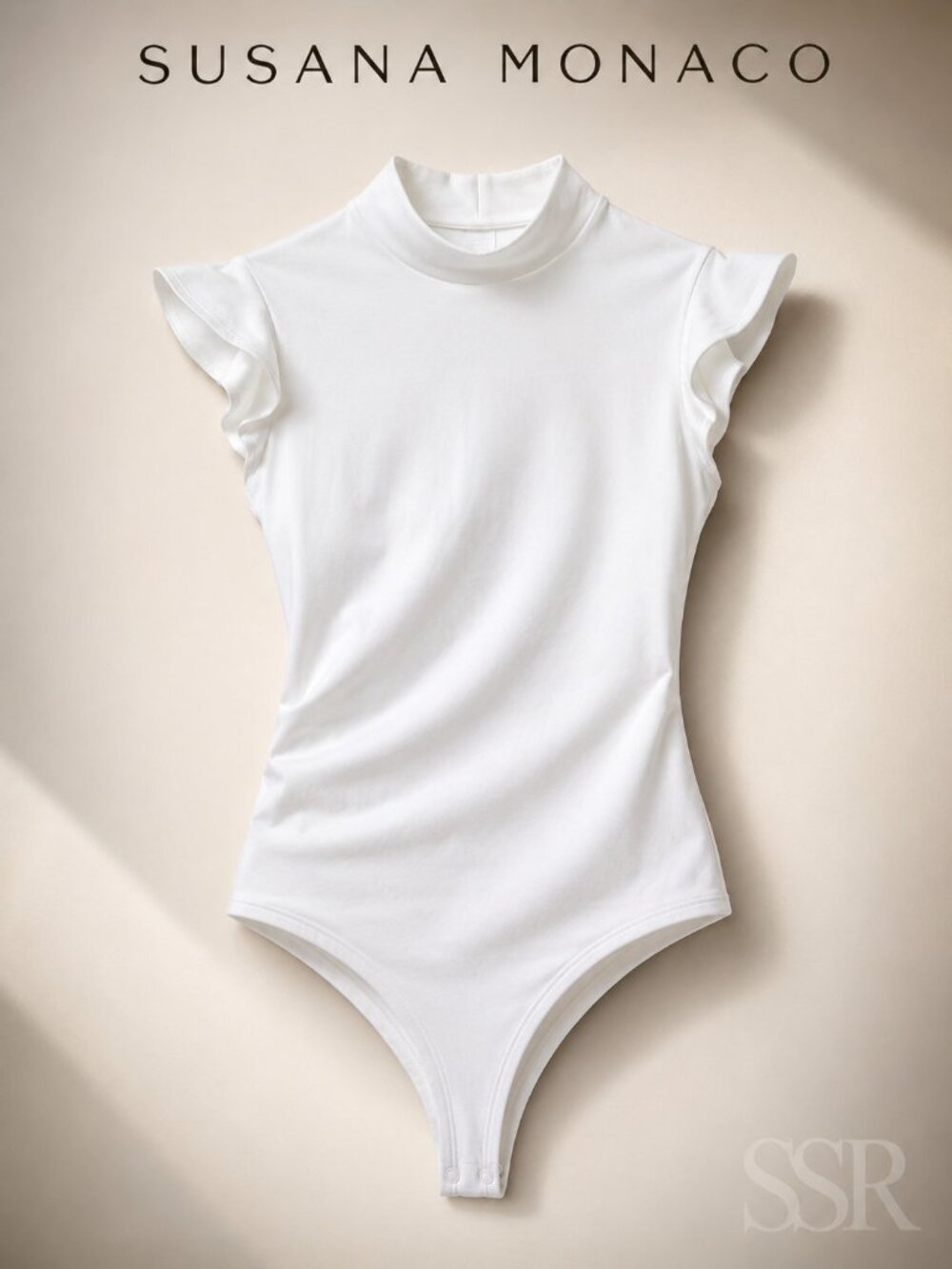 Susana Monaco White Mock Neck Bodysuit Medium Stretch Cotton Blend Cap Sleeve To